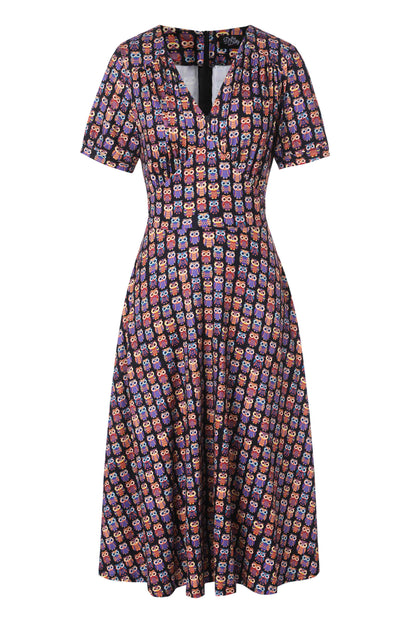 Julia Black Midi Dress in Aztec Owl Print