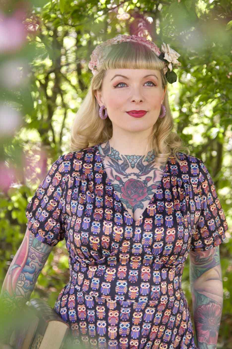 Julia Black Midi Dress in Aztec Owl Print