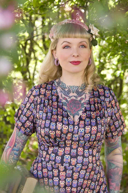 Julia Black Midi Dress in Aztec Owl Print