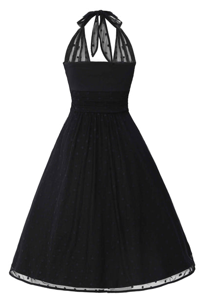 Dorothea Black Polka Dot Mesh Halter Dress