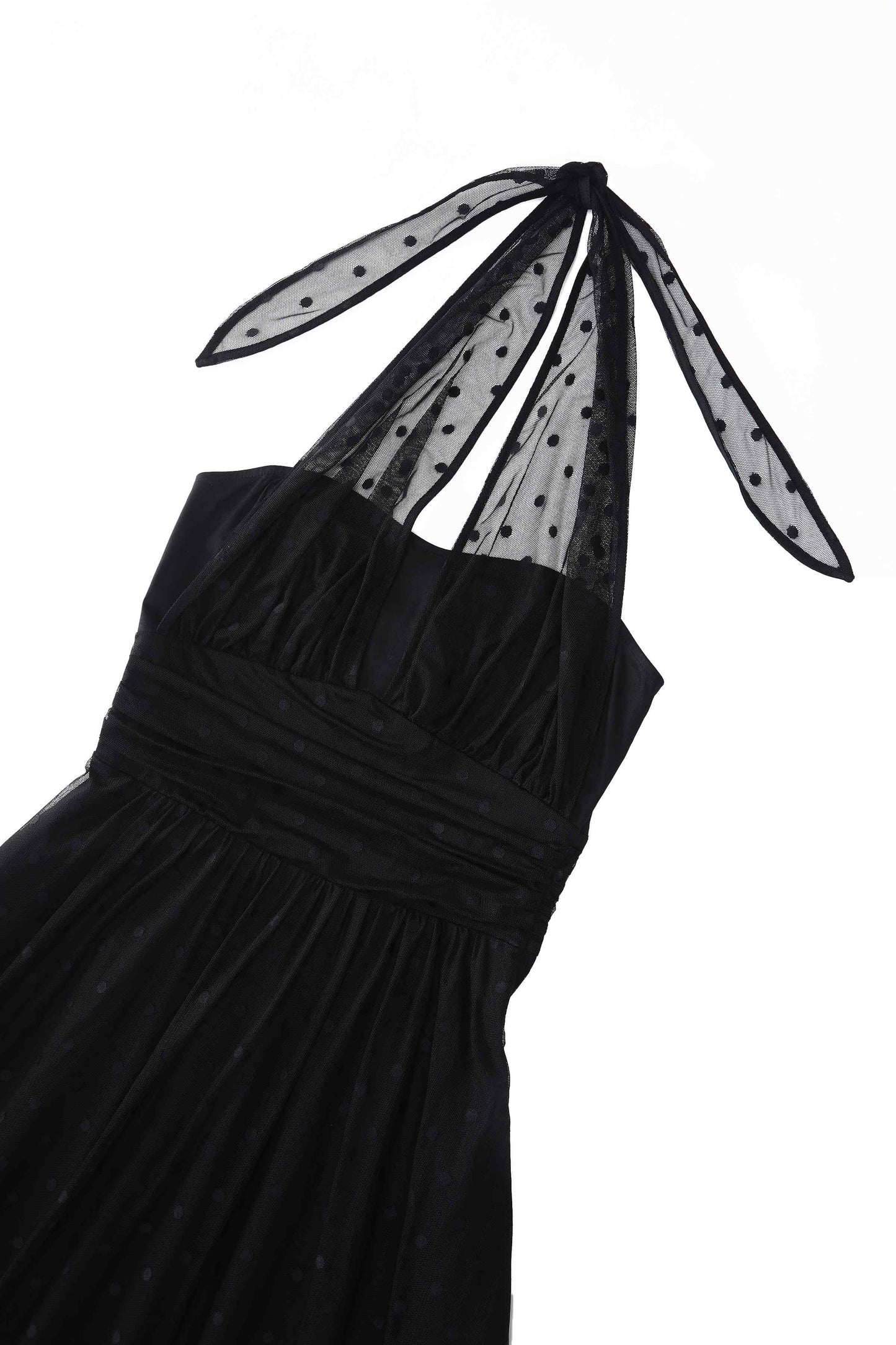 Dorothea Black Polka Dot Mesh Halter Dress