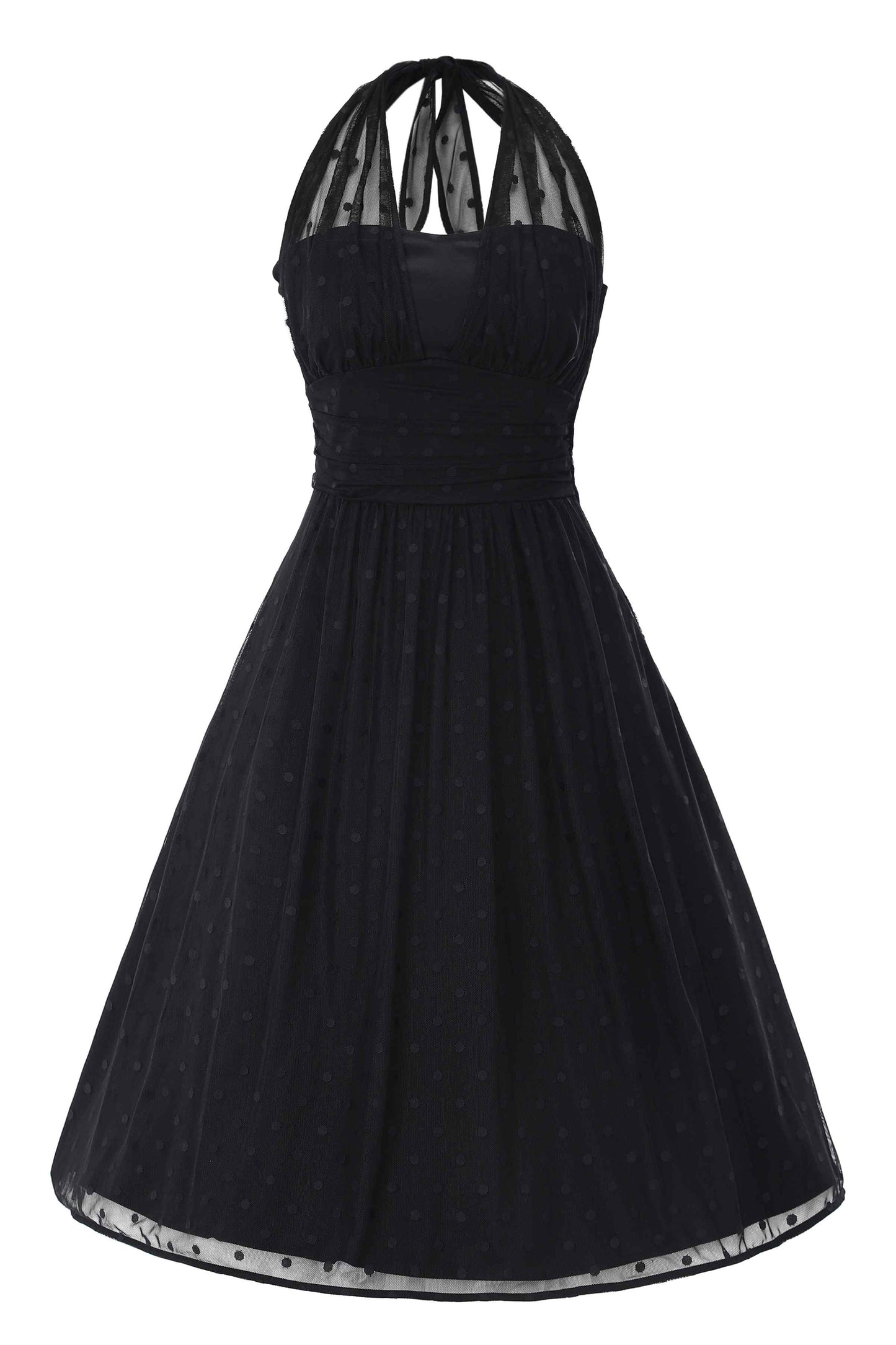 Dorothea Black Polka Dot Mesh Halter Dress