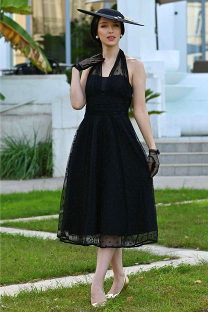 Dorothea Black Polka Dot Mesh Halter Dress