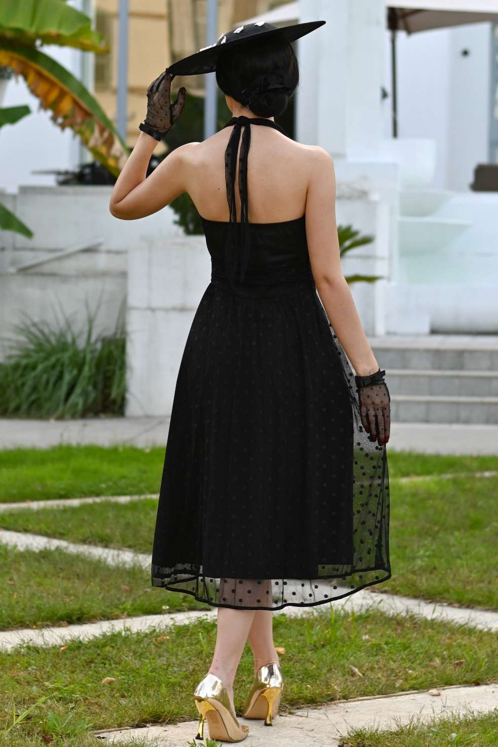 Dorothea Black Polka Dot Mesh Halter Dress