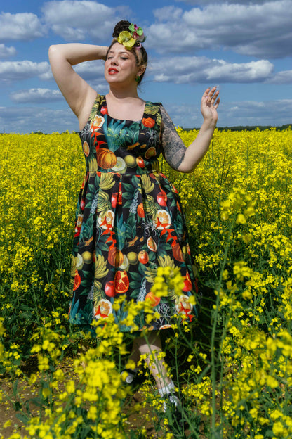 Amanda Black Tropical Fruits Print Pleated Dress