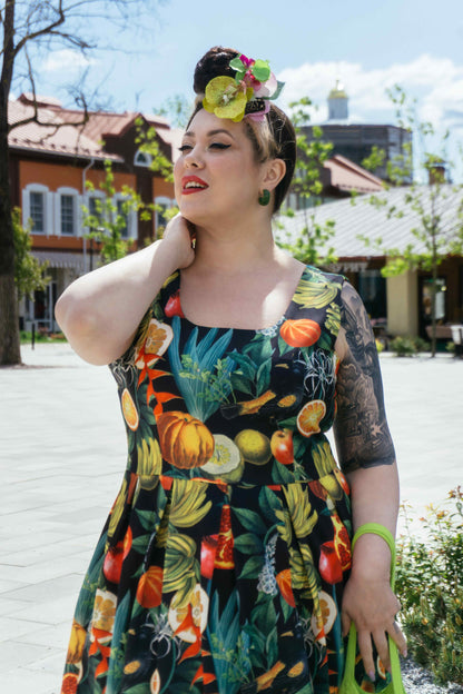 Amanda Black Tropical Fruits Print Pleated Dress