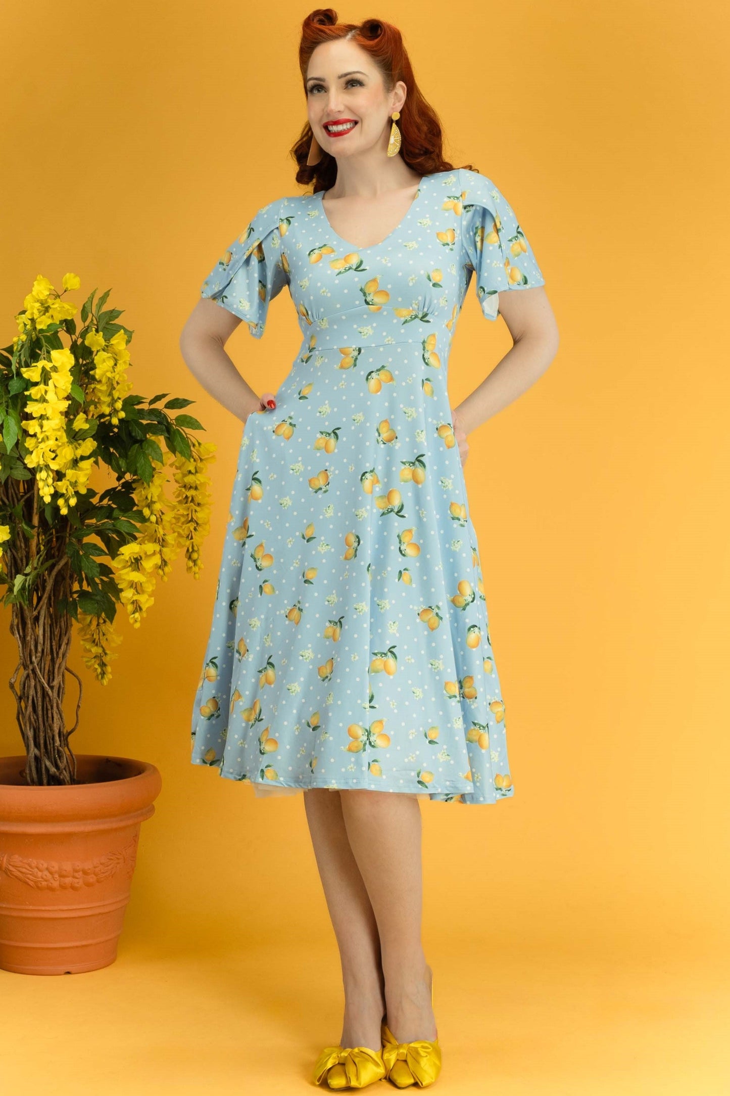 Janice Blue Lemon Petal Sleeved Tea Dress