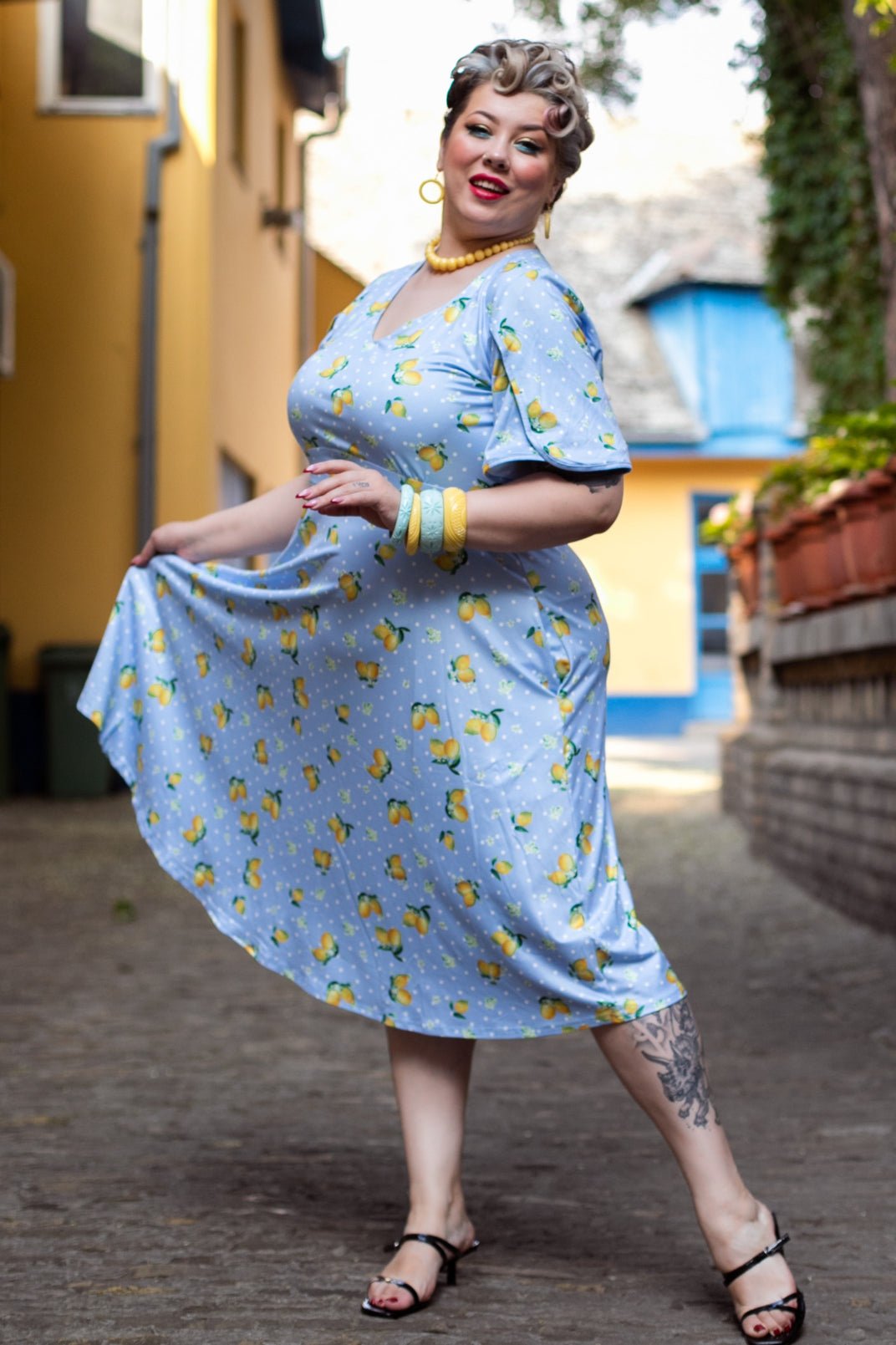 Janice Blue Lemon Petal Sleeved Tea Dress