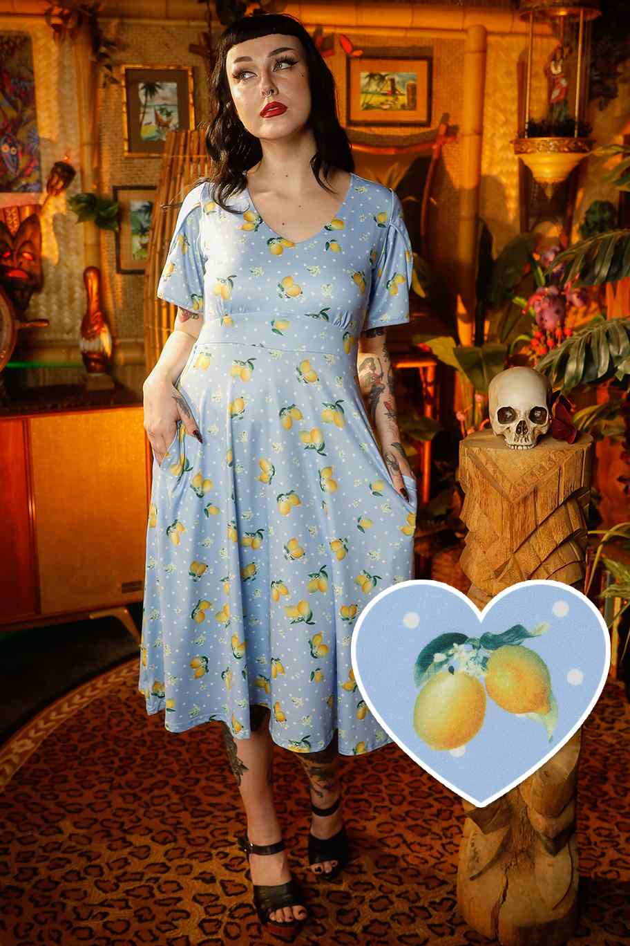Janice Blue Lemon Petal Sleeved Tea Dress
