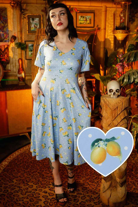 Janice Blue Lemon Petal Sleeved Tea Dress