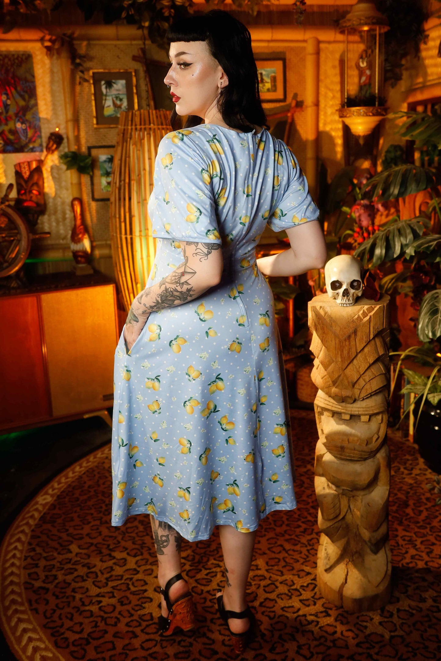 Janice Blue Lemon Petal Sleeved Tea Dress