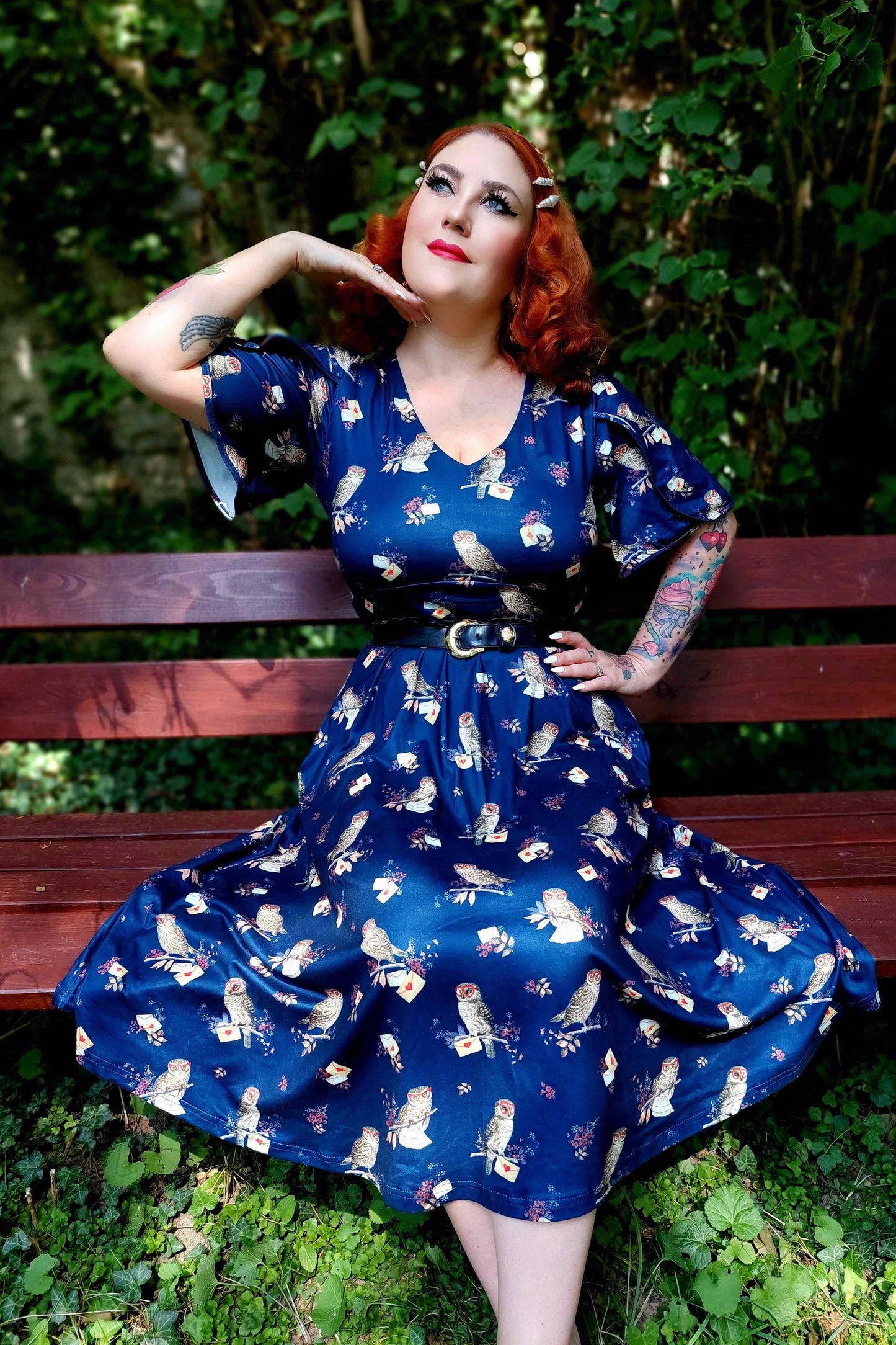 Janice Dark Blue Sleeved Flared Tea Dress In Owl Print