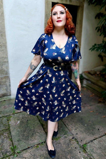 Janice Dark Blue Sleeved Flared Tea Dress In Owl Print
