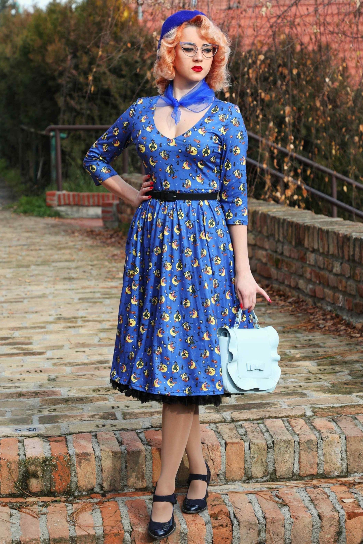 Billie Blue Pinup Witch Long Sleeved Dress