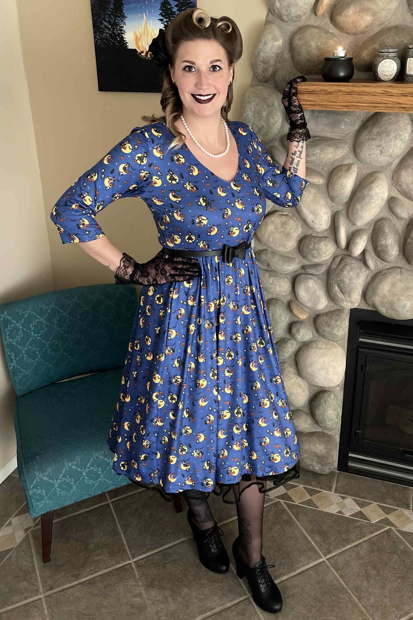 Billie Blue Pinup Witch Long Sleeved Dress