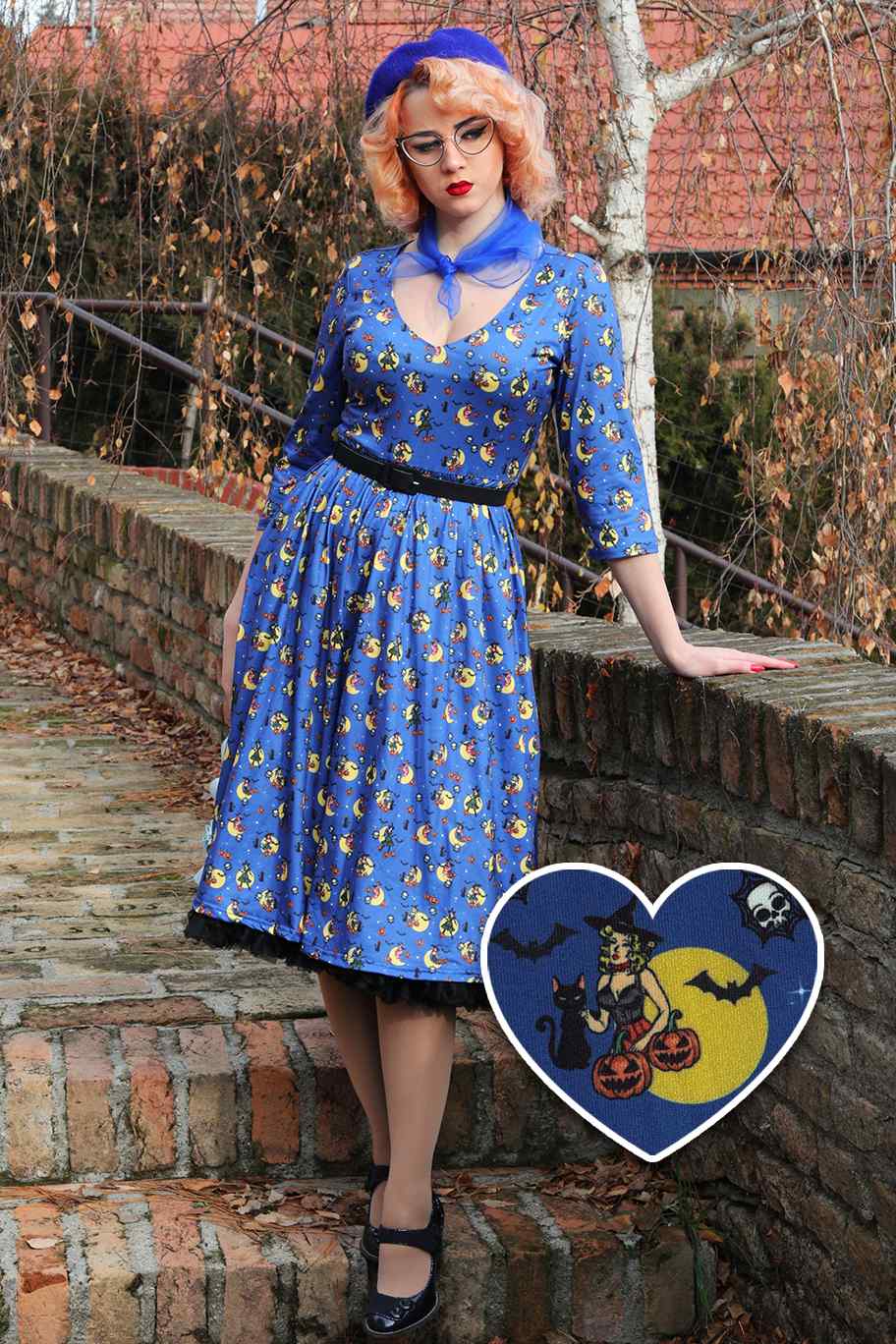 Billie Blue Pinup Witch Long Sleeved Dress