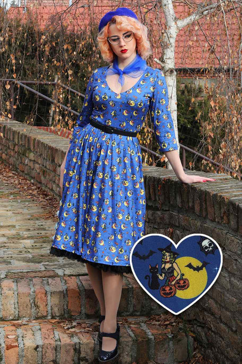 Billie Blue Pinup Witch Long Sleeved Dress