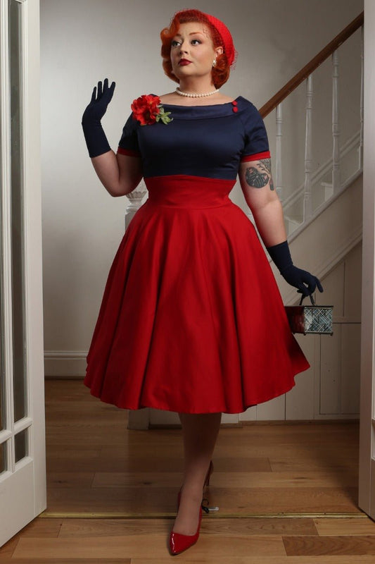 Darlene Retro Full Circle Swing Dress in Navy Blue and Red