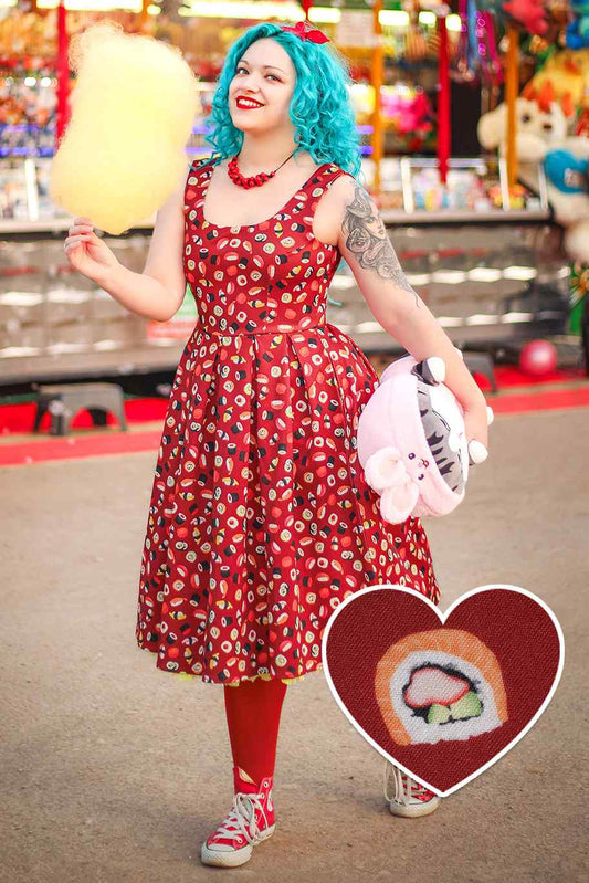Amanda Burgundy Red Sushi Print Swing Dress