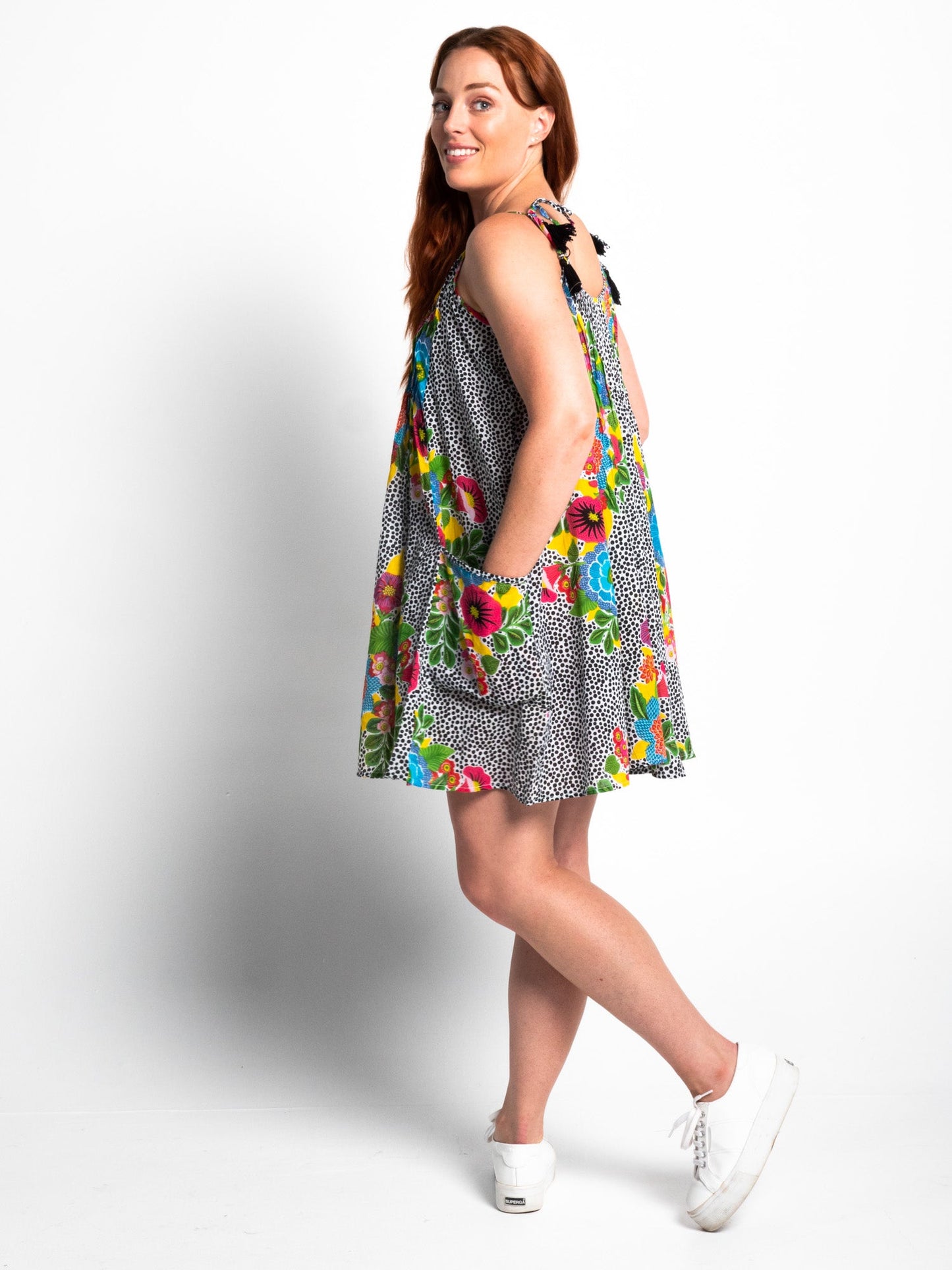 Chilli Shoulder Tie Dress in Dotty Floral