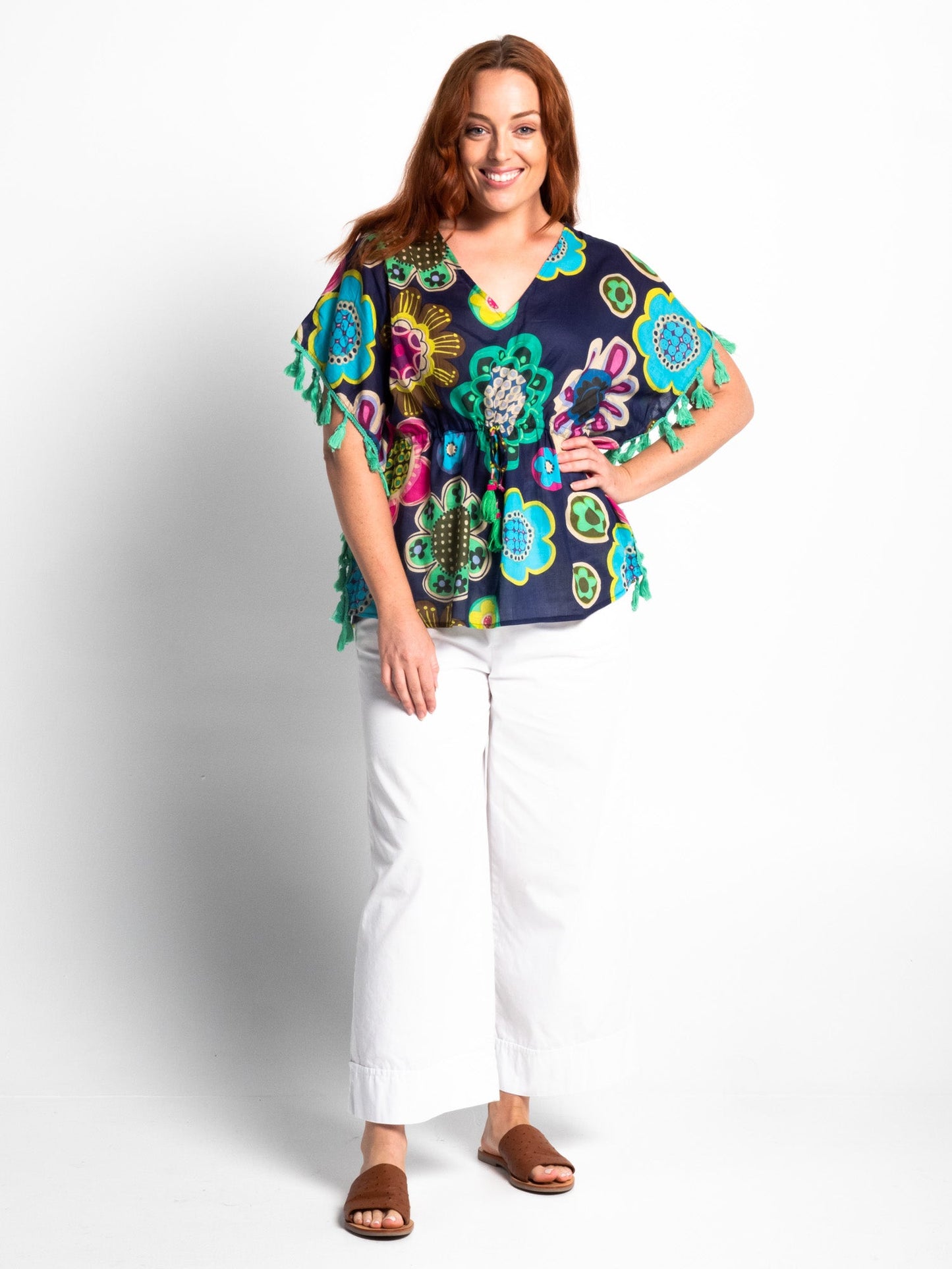Chilli Tassel Top in Blue Deco Floral