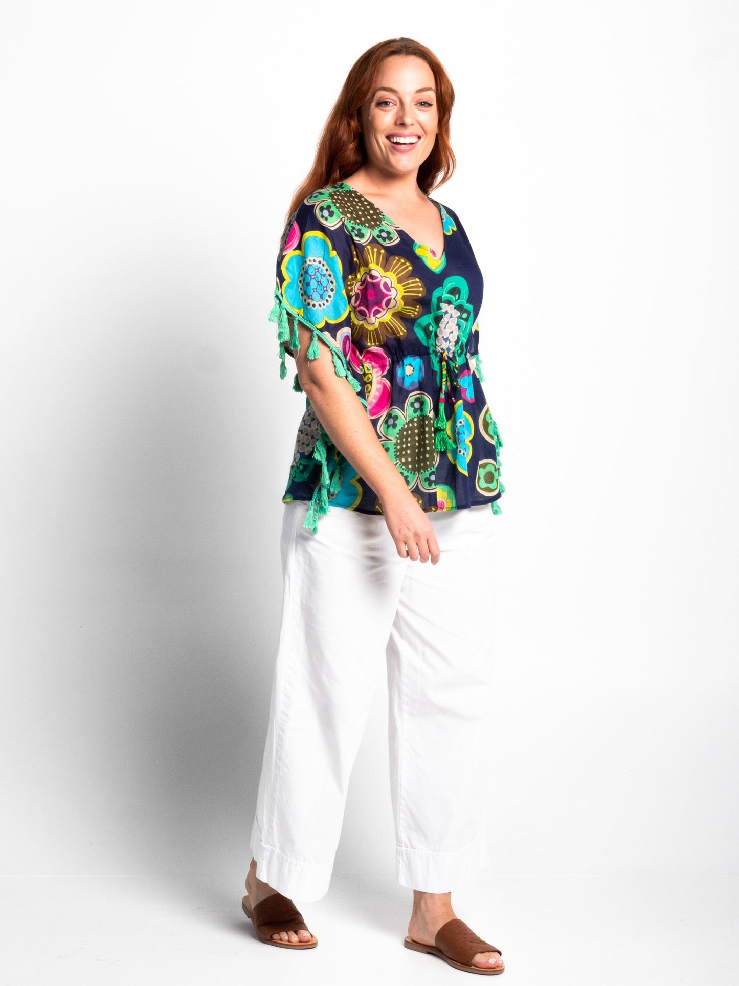 Chilli Tassel Top in Blue Deco Floral