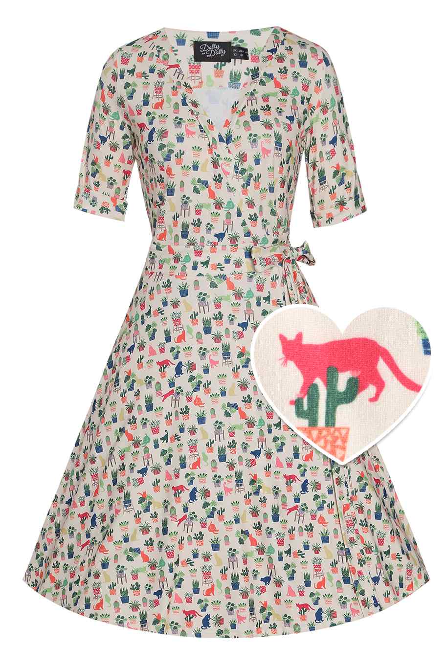 Matilda Cat & Plant Wrap Dress In White