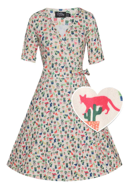 Matilda Cat & Plant Wrap Dress In White