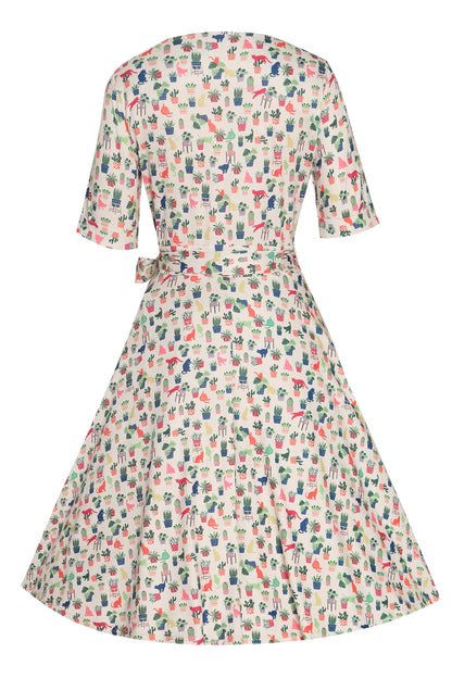 Matilda Cat & Plant Wrap Dress In White