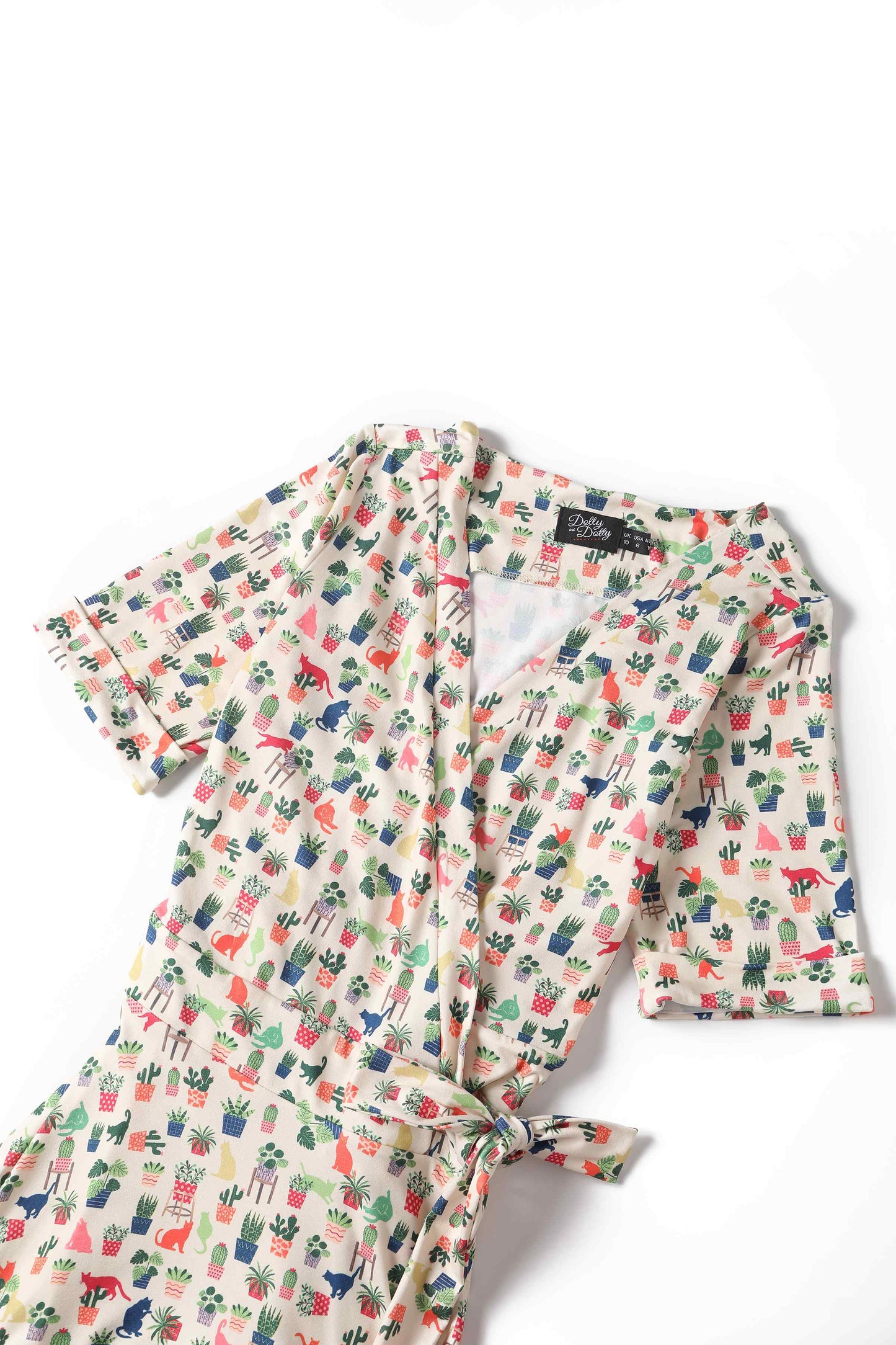 Matilda Cat & Plant Wrap Dress In White