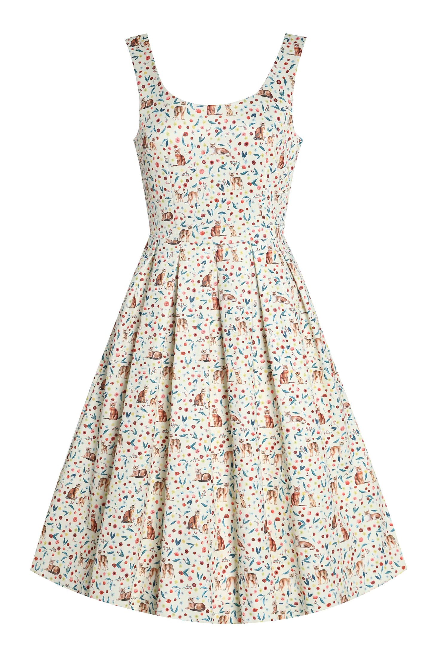 Amanda Ivory Cream Flared Dress in Cat Floral Print
