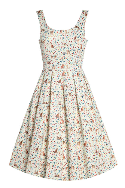 Amanda Ivory Cream Flared Dress in Cat Floral Print