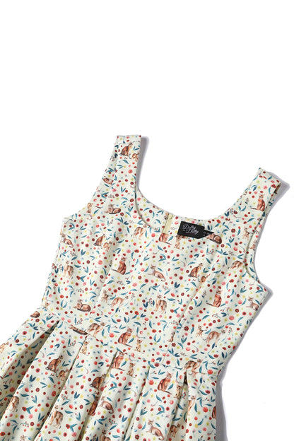 Amanda Ivory Cream Flared Dress in Cat Floral Print