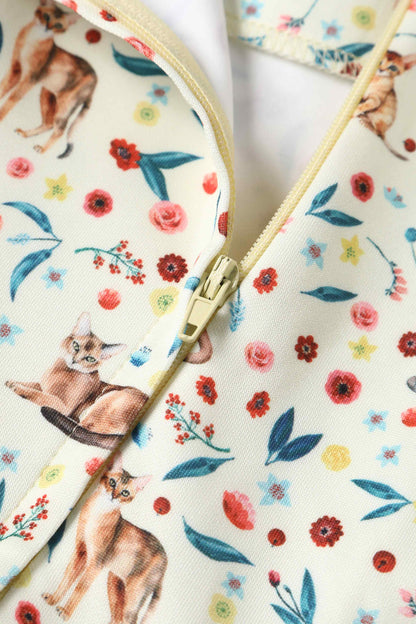 Amanda Ivory Cream Flared Dress in Cat Floral Print
