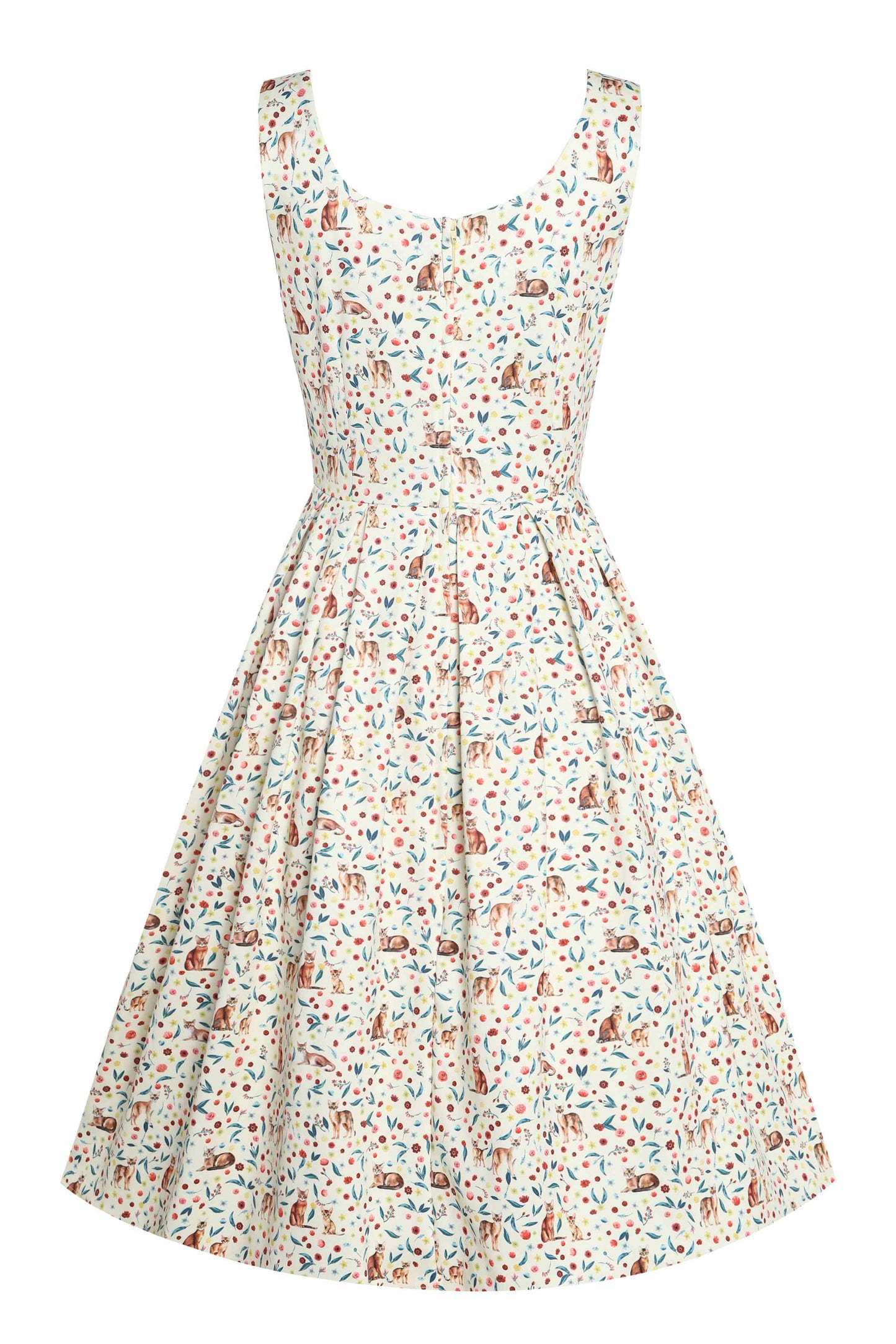 Amanda Ivory Cream Flared Dress in Cat Floral Print
