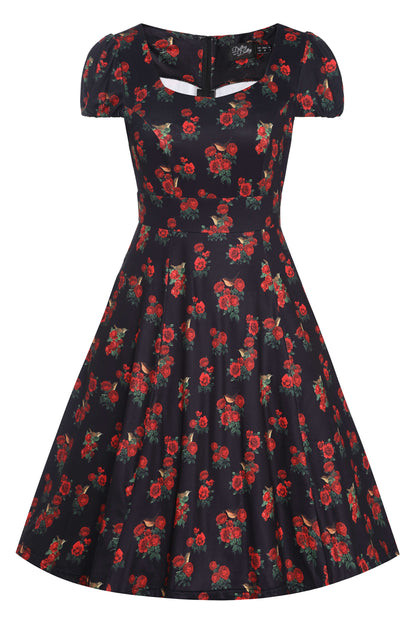 Claudia Black Cap Sleeved Dress with Red Roses & Birds
