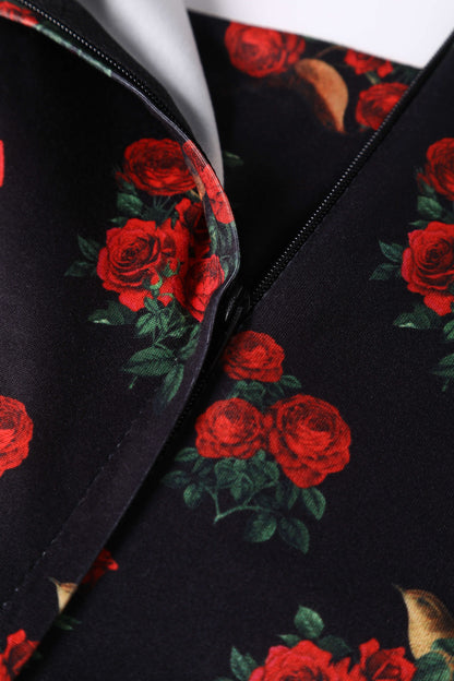 Claudia Black Cap Sleeved Dress with Red Roses & Birds
