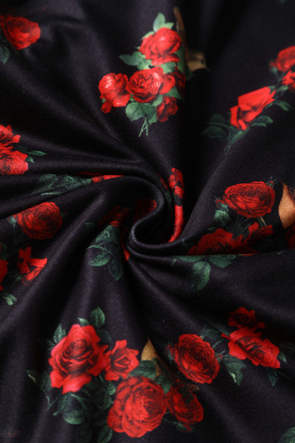 Claudia Black Cap Sleeved Dress with Red Roses & Birds
