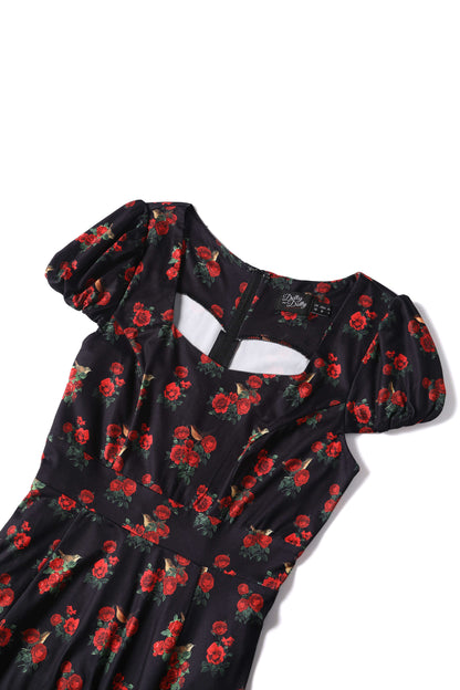 Claudia Black Cap Sleeved Dress with Red Roses & Birds