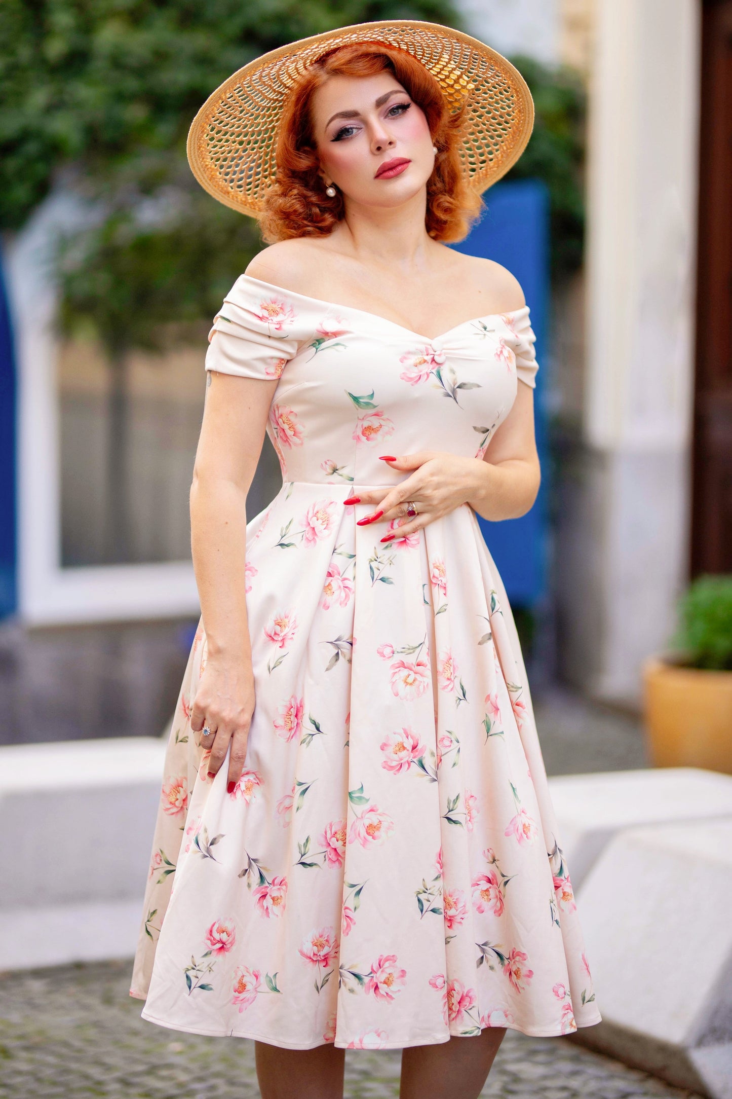 Lily Cream & Pink Peony Off Shoulder Dress