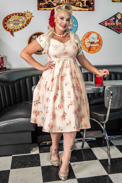 Lily Cream & Pink Peony Off Shoulder Dress
