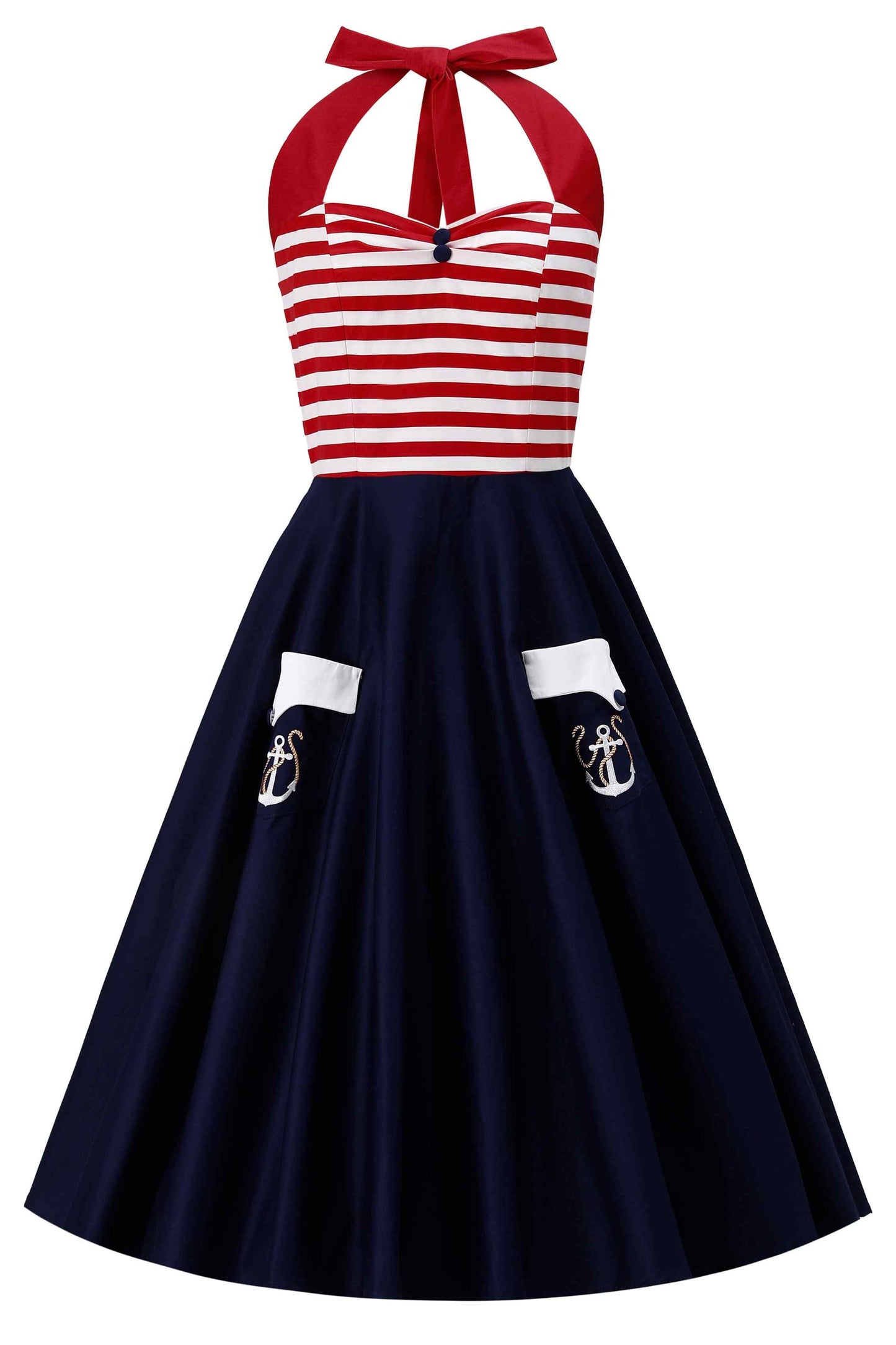 Daisy Nautical Striped Halter Dress With Anchor Embroidery