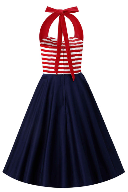 Daisy Nautical Striped Halter Dress With Anchor Embroidery
