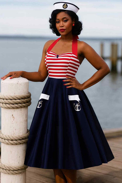 Daisy Nautical Striped Halter Dress With Anchor Embroidery