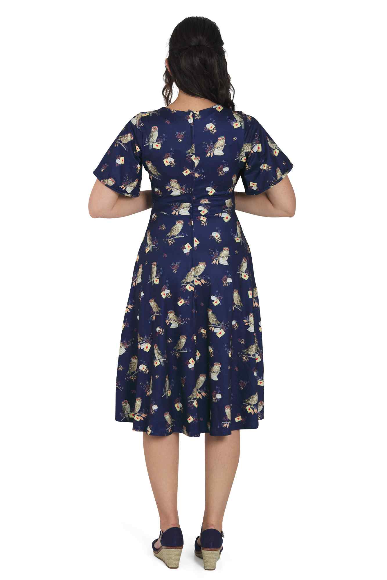 Janice Dark Blue Sleeved Flared Tea Dress In Owl Print