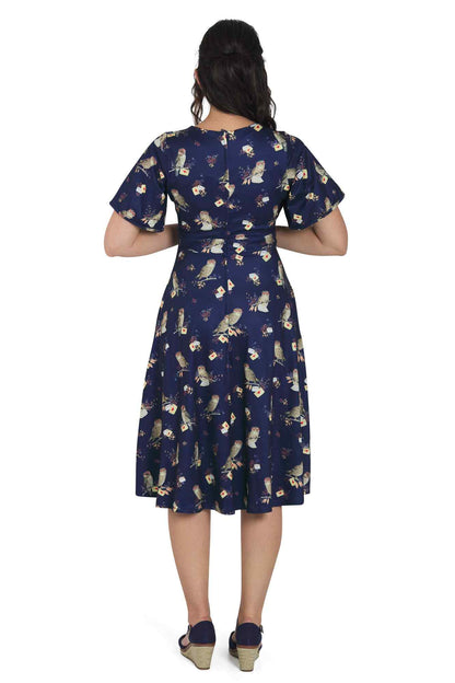Janice Dark Blue Sleeved Flared Tea Dress In Owl Print