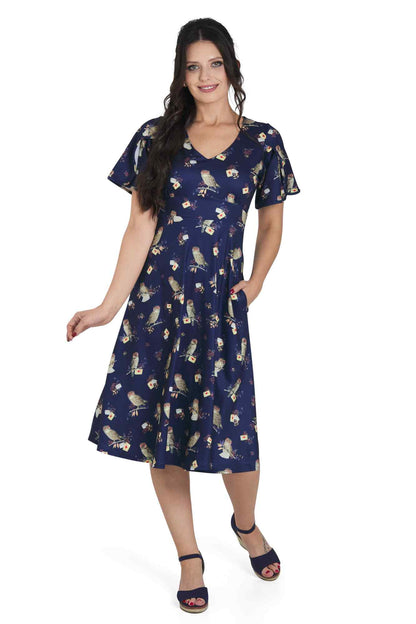 Janice Dark Blue Sleeved Flared Tea Dress In Owl Print