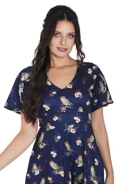Janice Dark Blue Sleeved Flared Tea Dress In Owl Print