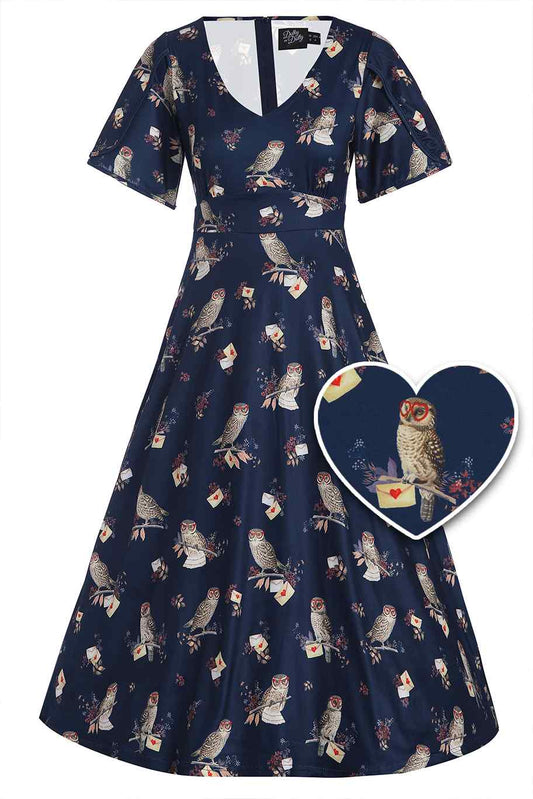 Janice Dark Blue Sleeved Flared Tea Dress In Owl Print