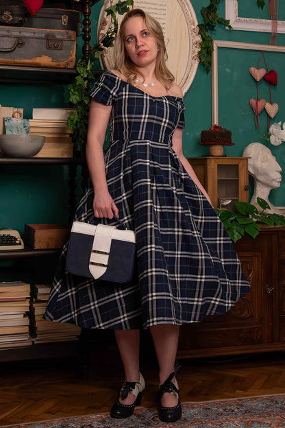Lily Dark Blue Tartan Off Shoulder Swing Dress